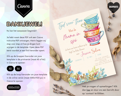 High Tea Babyshower Uitnodigingstemplate Mama in Spé | Bewerkbare Canva Template | A5, A6 & WhatsApp | Digitale Download