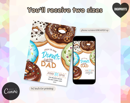 Donuts with Dad Father's Day Invitation Template | Editable Canva Template | 5x7in & WhatsApp | Digital Download