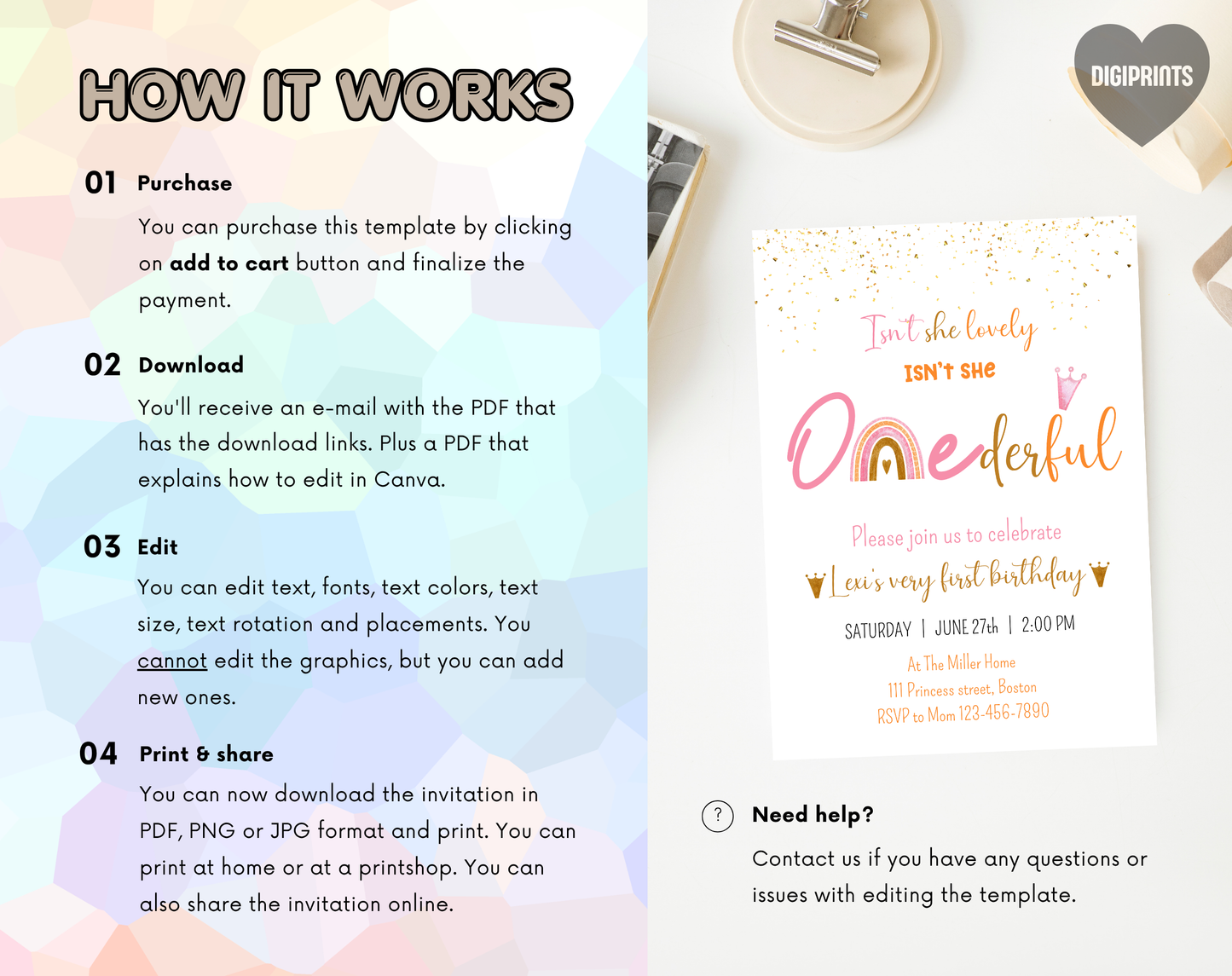 ONEderful First Birthday Invitation Template | Editable Canva Template | 5x7in & WhatsApp | Digital Download