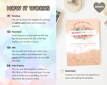 Mother's Day Lunch Invitation Template Floral | Editable Canva Template | 5x7in & WhatsApp | Digital Download
