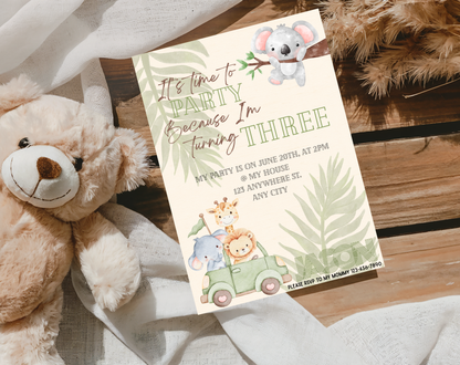Jungle Safari Third Birthday Invitation Template | Editable Canva Template | 5x7in & WhatsApp | Digital Download