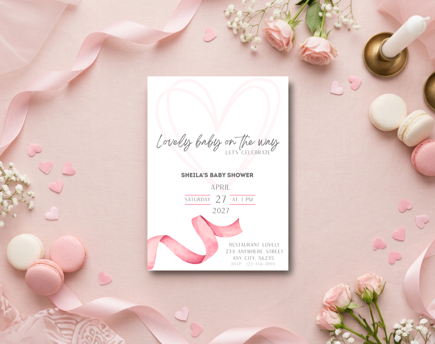 Pink Ribbon Baby Shower Invitation Template | Editable Canva Template | 5x7in & WhatsApp | Digital Download
