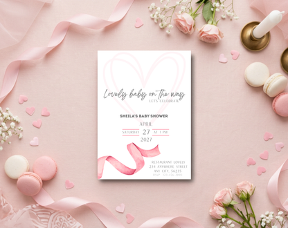 Pink Ribbon Baby Shower Invitation Template | Editable Canva Template | 5x7in & WhatsApp | Digital Download