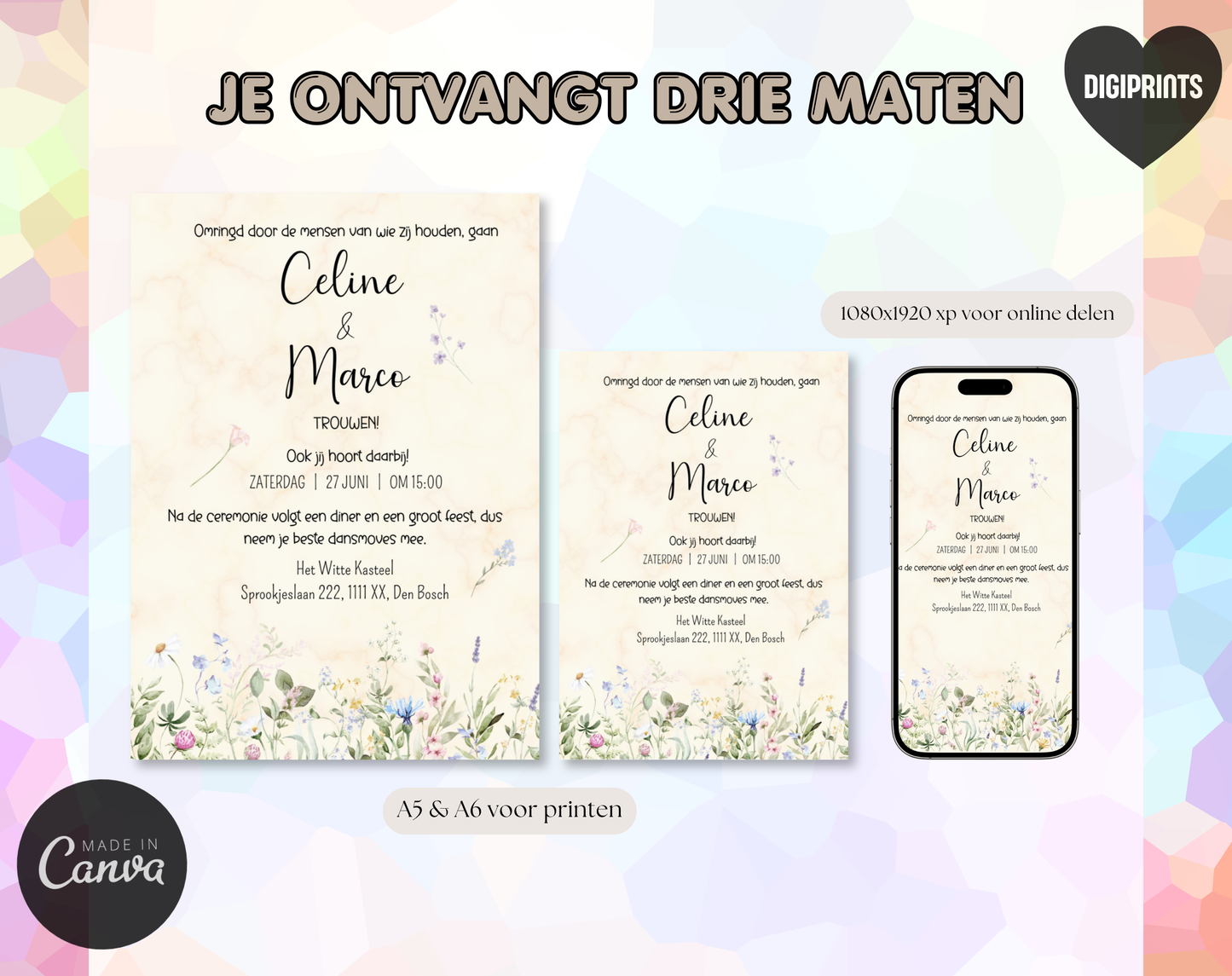 Wilde Bloemen Bruiloft Uitnodigingstemplate Beige | Bewerkbare Canva Template | A5, A6 & WhatsApp | Digitale Download