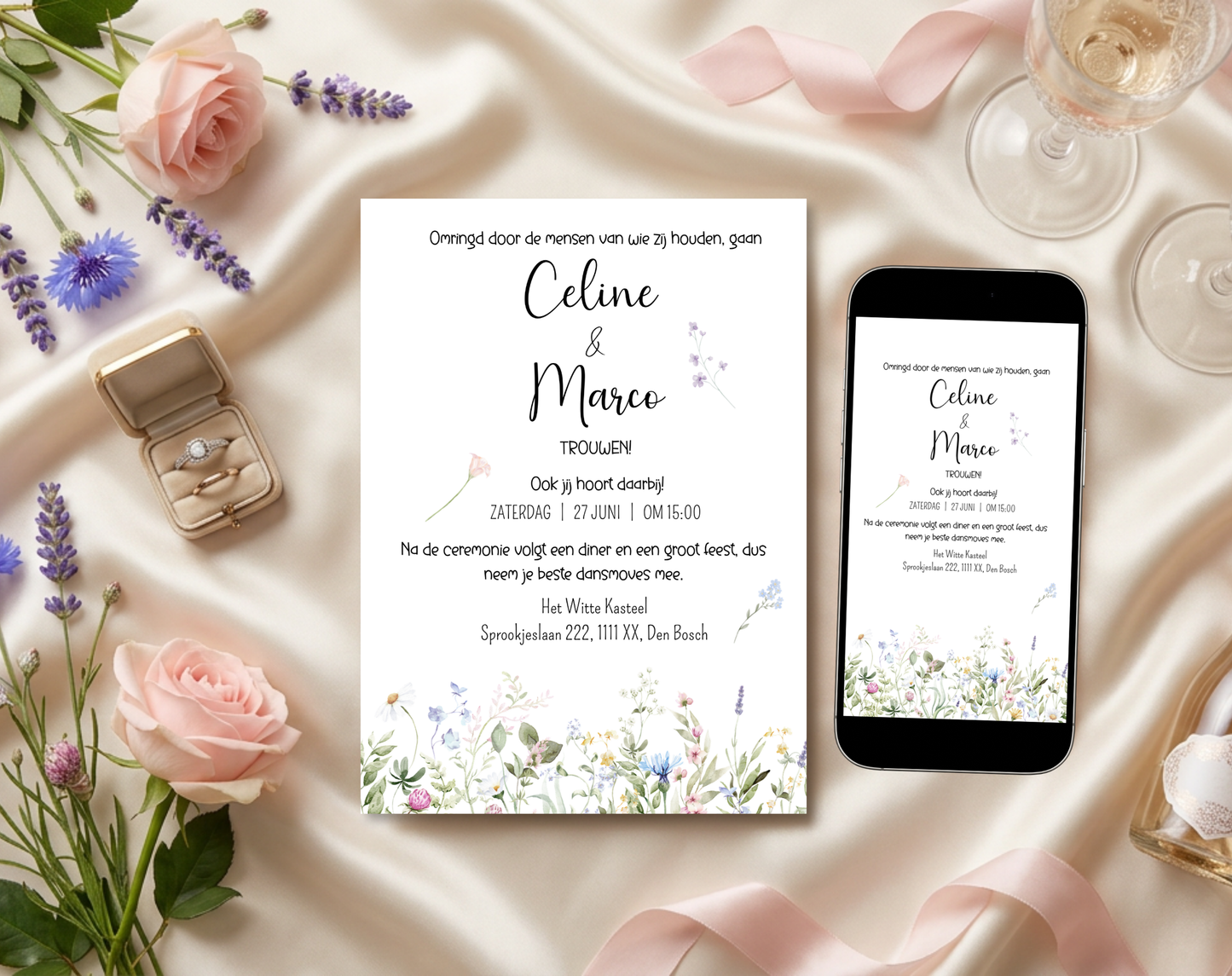 Wilde Bloemen Bruiloft Uitnodigingstemplate Wit | Bewerkbare Canva Template | A5, A6 & WhatsApp | Digitale Download