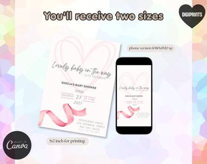 Pink Baby Shower Invitation Template | Editable Canva Template | 5x7in & WhatsApp | Digital Download