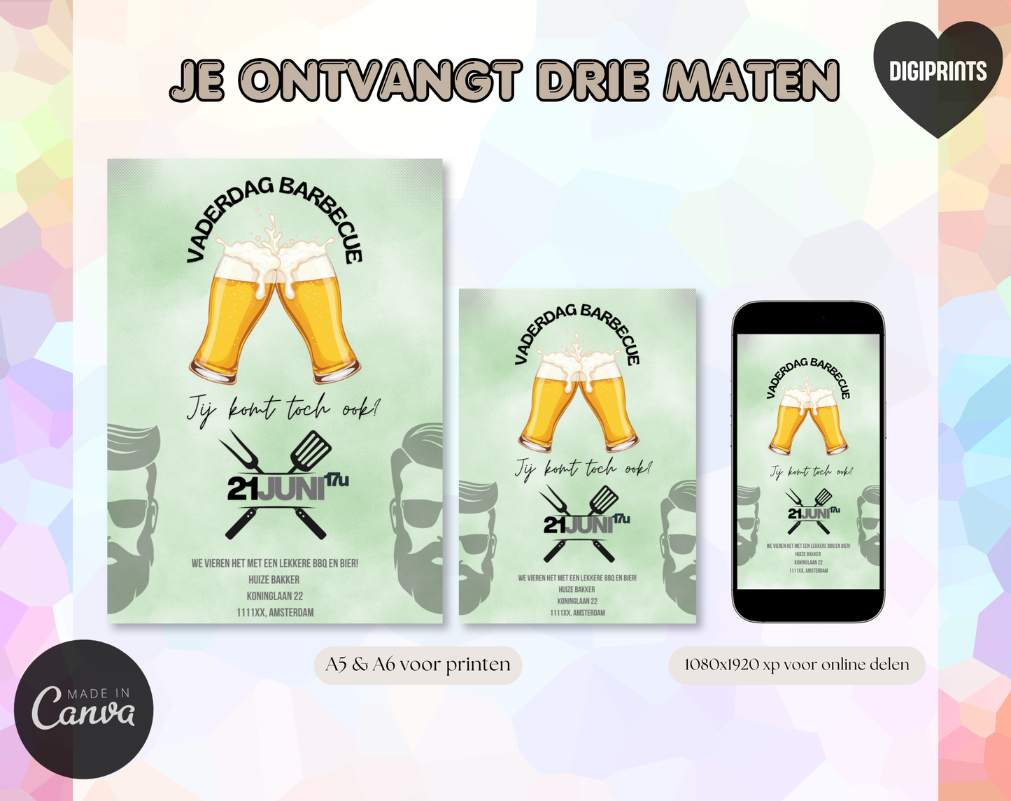 Vaderdag Barbecue Uitnodiging met Bier | Canva Template | A5 A6 WhatsApp | Digitale Download