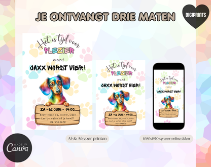 Hondenthema Verjaardagsuitnodiging Canva Template | Kinderfeest & Hondenverjaardag | A5, A6 & WhatsApp | Digitale Download
