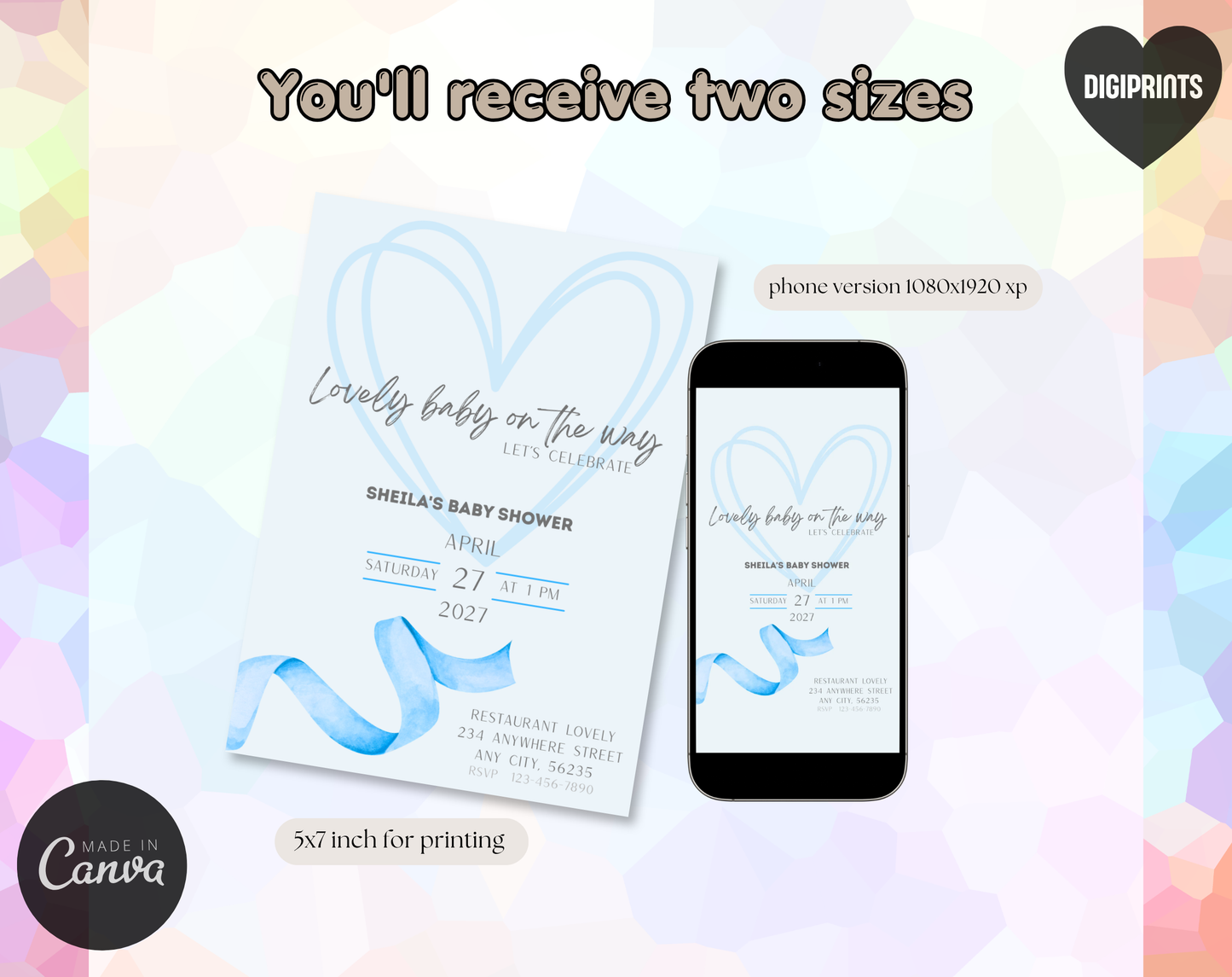 Blue Baby Shower Invitation Template | Editable Canva Template | 5x7in & WhatsApp | Digital Download