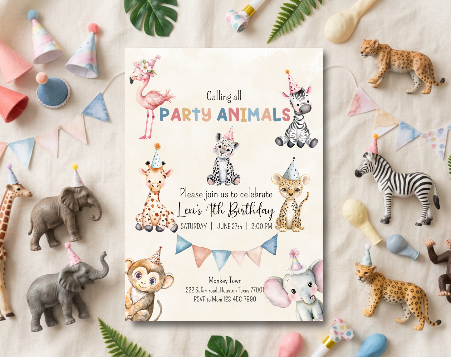 Party Animals Fourth Birthday Invitation Template Beige | Editable Canva Template | 5x7in & WhatsApp | Digital Download