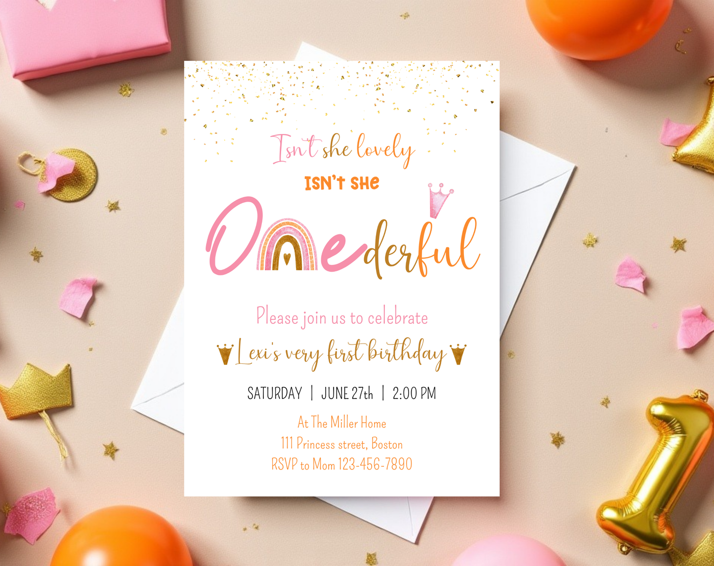 ONEderful First Birthday Invitation Template | Editable Canva Template | 5x7in & WhatsApp | Digital Download