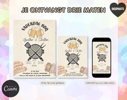 Vaderdag BBQ Uitnodiging Grillen en Chillen | Canva Template | A5 A6 WhatsApp | Direct Download