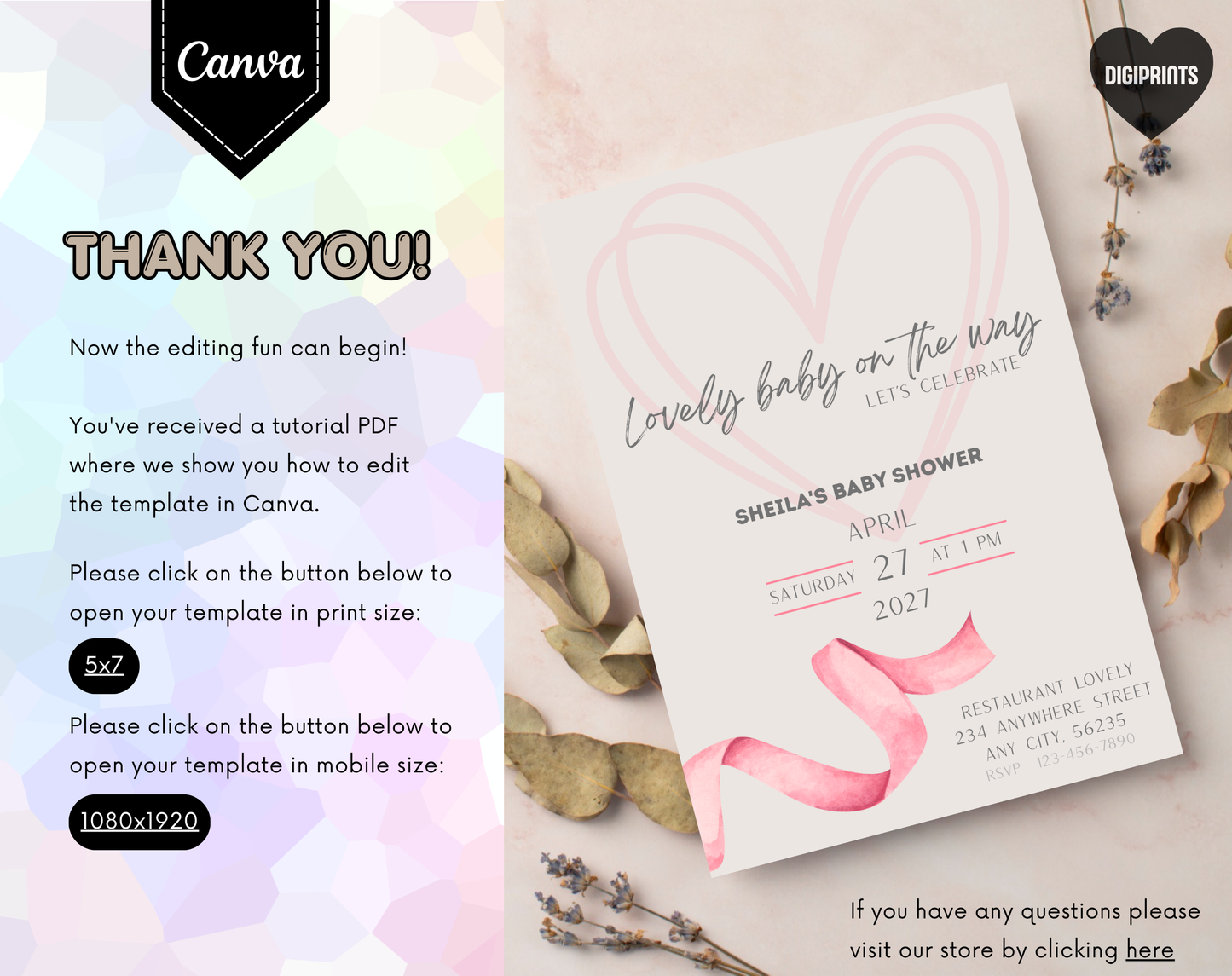 Boho Baby Shower Invitation Template Girl | Editable Canva Template | 5x7in & WhatsApp | Digital Download
