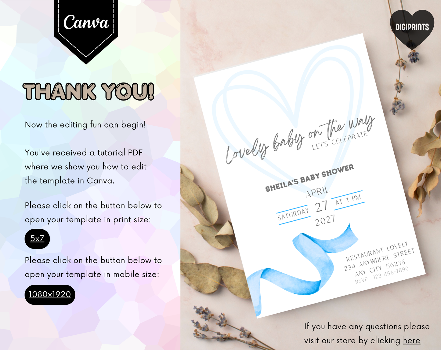 Blue Ribbon Baby Shower Invitation Template | Editable Canva Template | 5x7in & WhatsApp | Digital Download