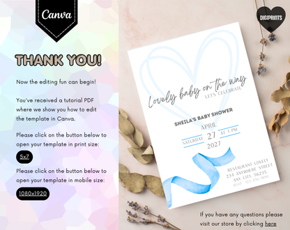 Blue Ribbon Baby Shower Invitation Template | Editable Canva Template | 5x7in & WhatsApp | Digital Download