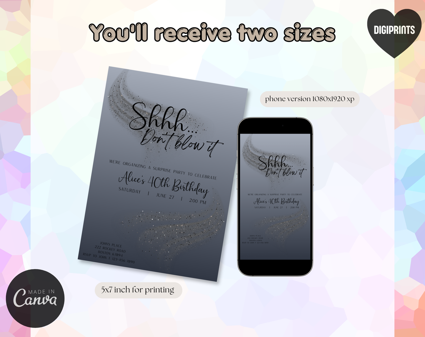 Surprise 40th Birthday Invitation Template Silver Black | Editable Canva Template | 5x7in & WhatsApp | Digital Download