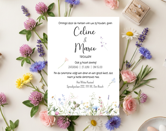 Wilde Bloemen Bruiloft Uitnodigingstemplate Wit | Bewerkbare Canva Template | A5, A6 & WhatsApp | Digitale Download