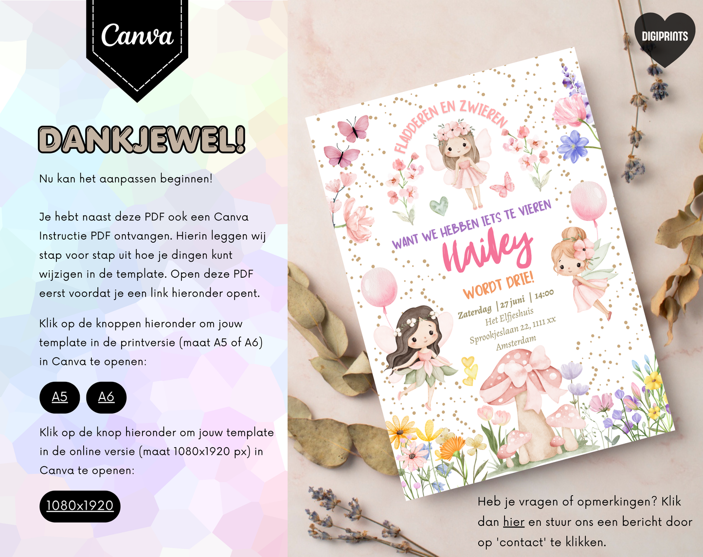 Elfjes Kinderfeestje Uitnodigingstemplate | Bewerkbare Canva Template | A5, A6 & WhatsApp | Digitale Download