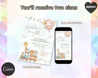Jungle Train Second Birthday Invitation Template | Editable Canva Template | 5x7in & WhatsApp | Digital Download