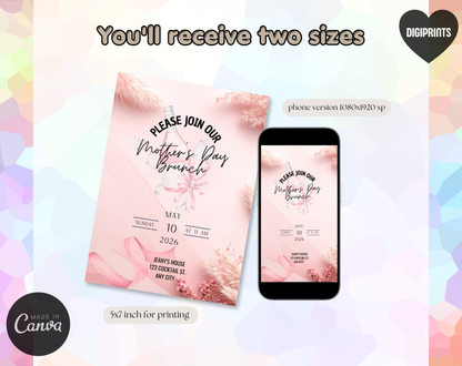 Mother's Day Brunch Invitation Template Pink | Editable Canva Template | 5x7in & WhatsApp | Digital Download