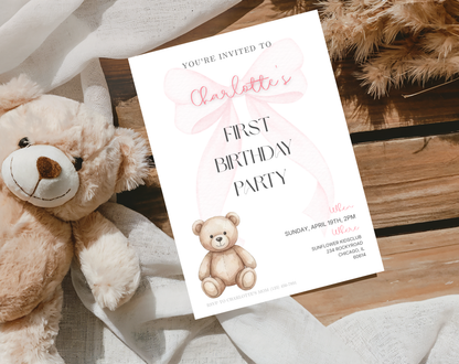 Teddy Bear First Birthday Invitation Template | Editable Canva Template | 5x7in & WhatsApp | Digital Download