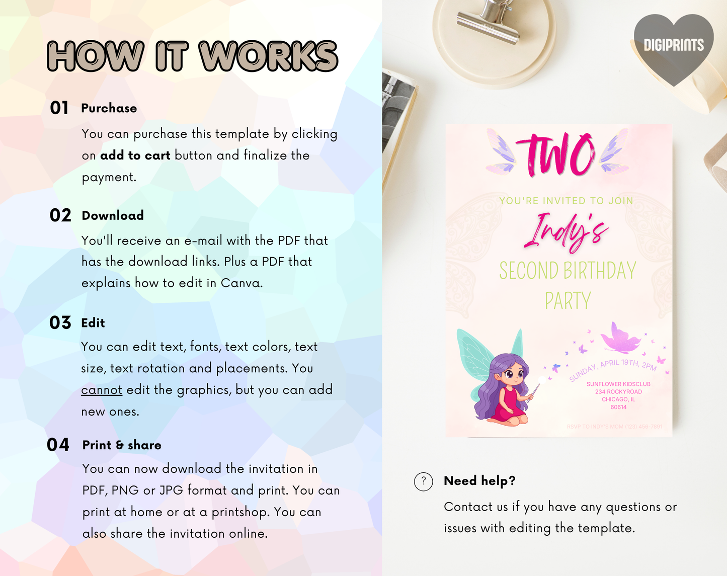 Fairy Second Birthday Invitation Template | Editable Canva Template | 5x7in & WhatsApp | Digital Download