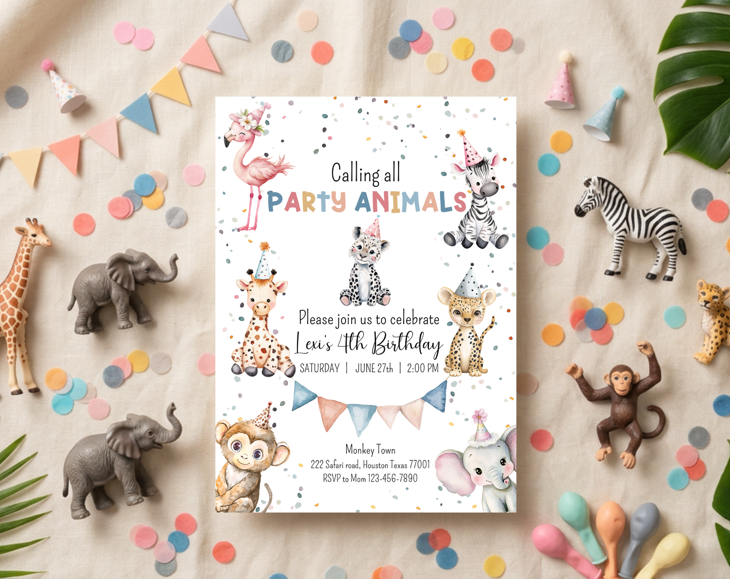 Party Animals Fourth Birthday Invitation Template | Editable Canva Template | 5x7in & WhatsApp | Digital Download