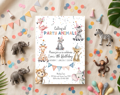Party Animals Fourth Birthday Invitation Template | Editable Canva Template | 5x7in & WhatsApp | Digital Download