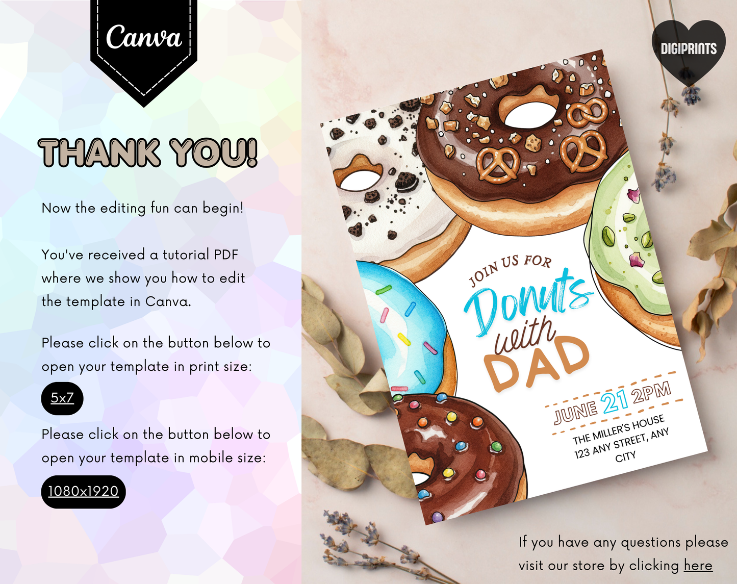 Donuts with Dad Father's Day Invitation Template | Editable Canva Template | 5x7in & WhatsApp | Digital Download