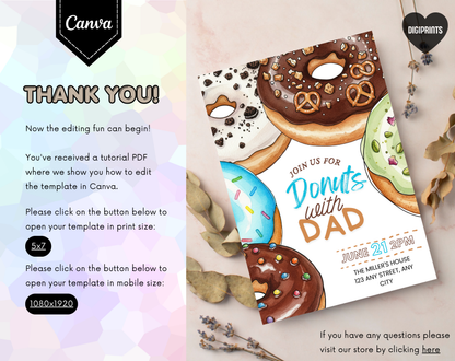 Donuts with Dad Father's Day Invitation Template | Editable Canva Template | 5x7in & WhatsApp | Digital Download
