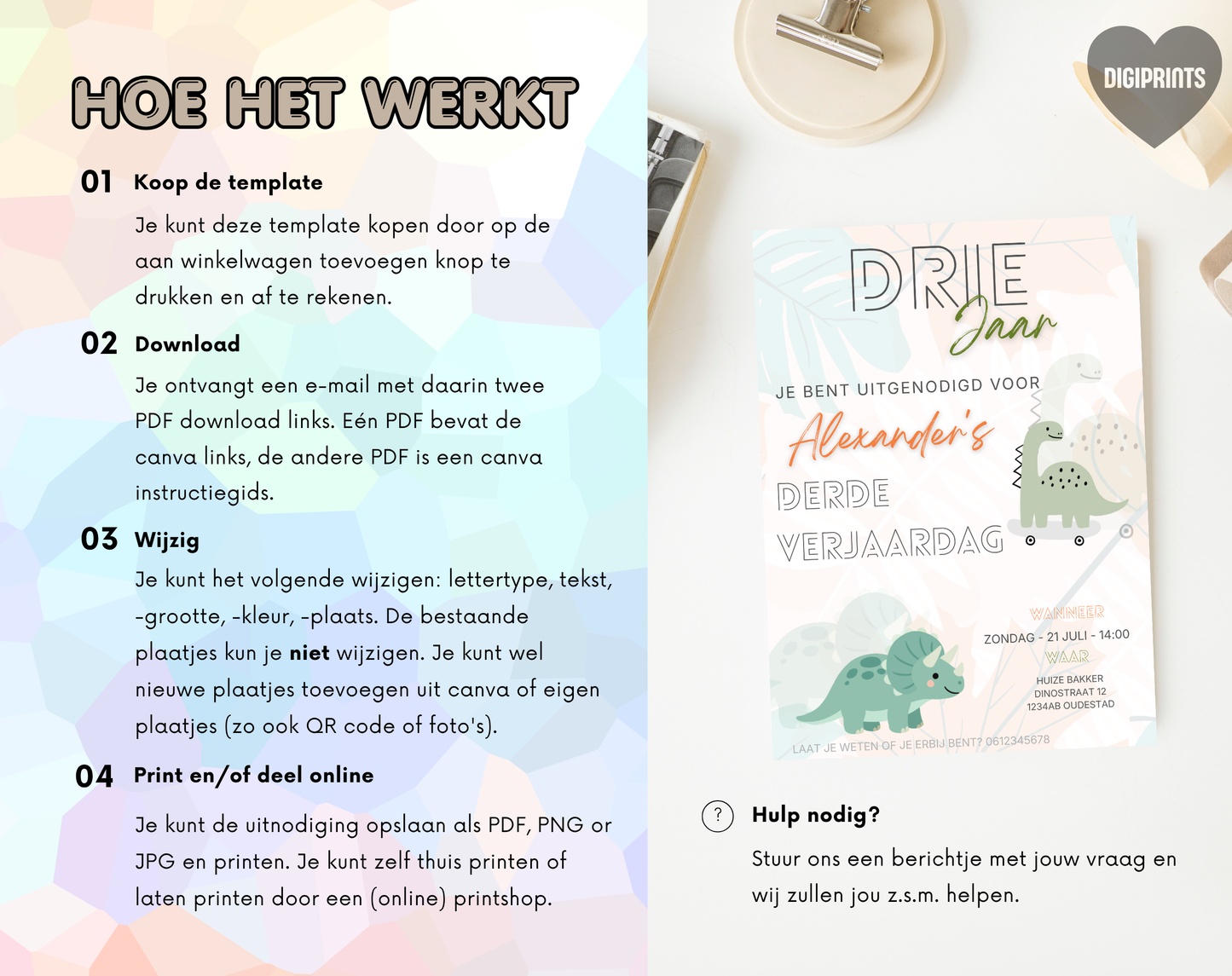 Dino Derde Verjaardag Uitnodigingstemplate | Bewerkbare Canva Template | A5, A6 & WhatsApp | Digitale Download