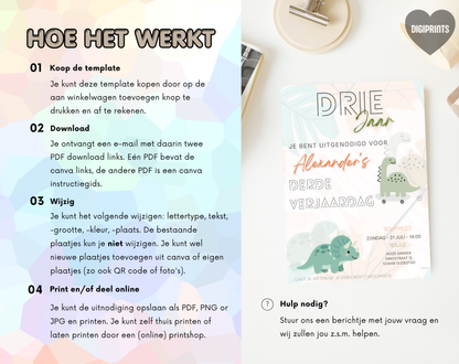 Dino Derde Verjaardag Uitnodigingstemplate | Bewerkbare Canva Template | A5, A6 & WhatsApp | Digitale Download