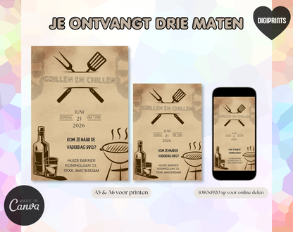 Stoere Vintage Vaderdag BBQ Uitnodiging | Bewerkbare Canva Template | A5 A6 WhatsApp | Download