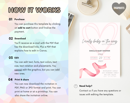Pink Baby Shower Invitation Template | Editable Canva Template | 5x7in & WhatsApp | Digital Download