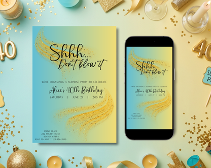 Surprise 40th Birthday Invitation Template Aqua Yellow | Editable Canva Template | 5x7in & WhatsApp | Digital Download