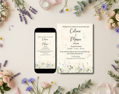 Wilde Bloemen Bruiloft Uitnodigingstemplate Beige | Bewerkbare Canva Template | A5, A6 & WhatsApp | Digitale Download