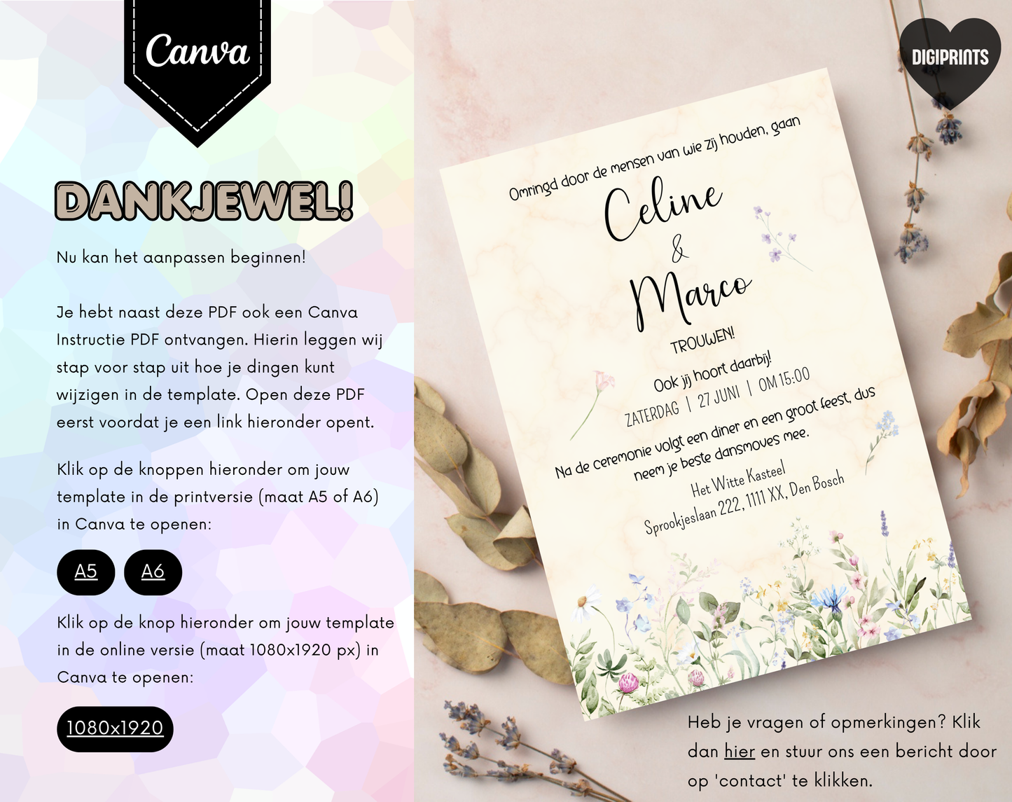 Wilde Bloemen Bruiloft Uitnodigingstemplate Beige | Bewerkbare Canva Template | A5, A6 & WhatsApp | Digitale Download