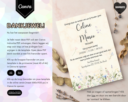 Wilde Bloemen Bruiloft Uitnodigingstemplate Beige | Bewerkbare Canva Template | A5, A6 & WhatsApp | Digitale Download
