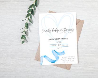 Blue Ribbon Baby Shower Invitation Template | Editable Canva Template | 5x7in & WhatsApp | Digital Download