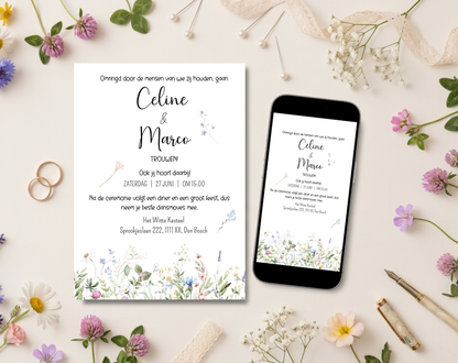 Wilde Bloemen Bruiloft Uitnodigingstemplate Wit | Bewerkbare Canva Template | A5, A6 & WhatsApp | Digitale Download