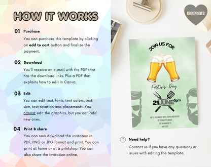 Father's Day BBQ and Beers Invitation Template | Editable Canva Template | 5x7in & WhatsApp | Digital Download