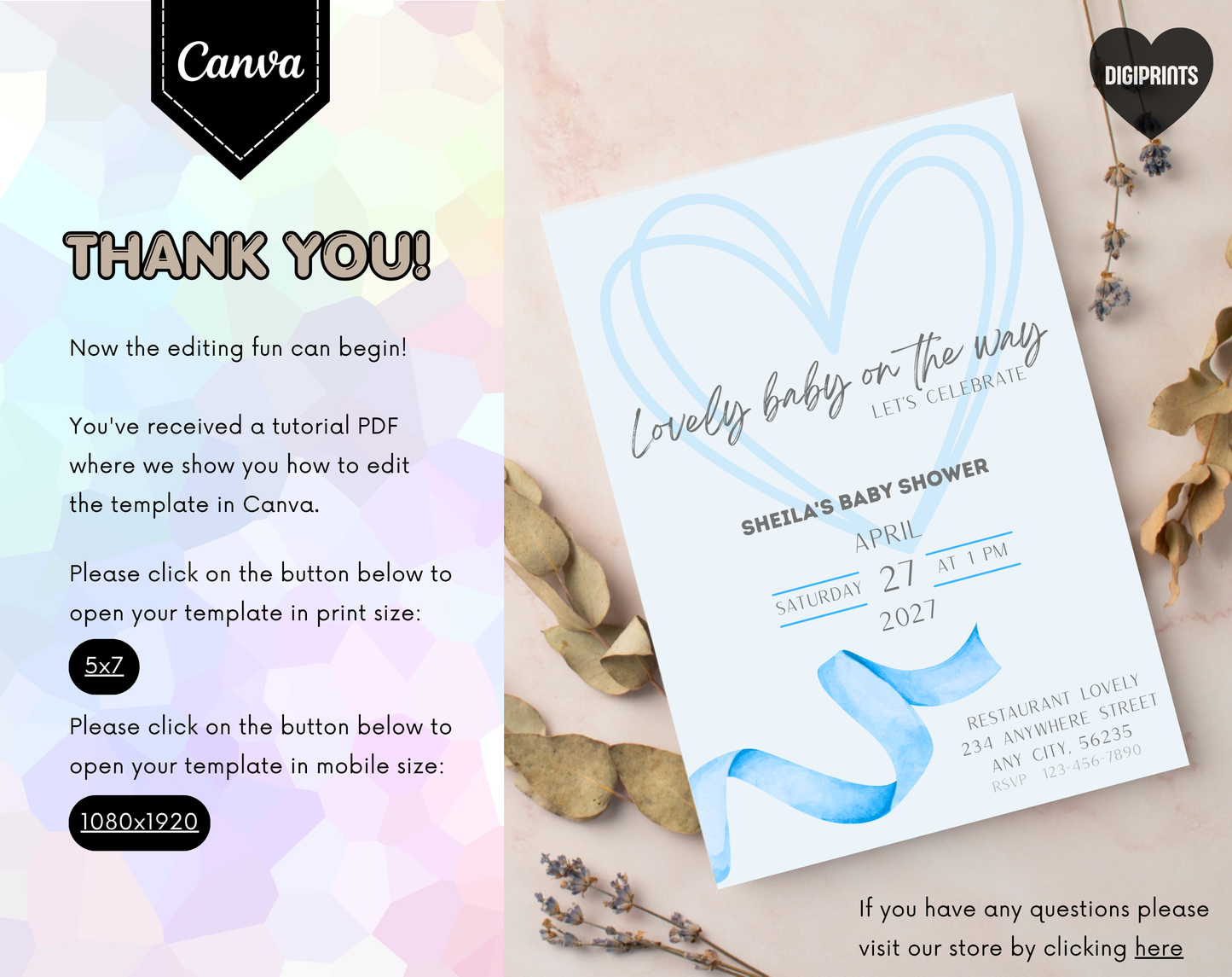 Blue Baby Shower Invitation Template | Editable Canva Template | 5x7in & WhatsApp | Digital Download