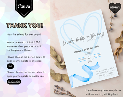 Blue Baby Shower Invitation Template | Editable Canva Template | 5x7in & WhatsApp | Digital Download