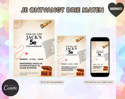 Piraat 5e Verjaardag Uitnodigingstemplate | Bewerkbare Canva Template | A5, A6 & WhatsApp | Digitale Download