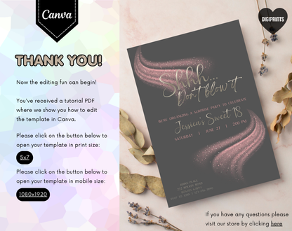 Surprise Sweet 18 Birthday Invitation Template Grey Pink | Editable Canva Template | 5x7in & WhatsApp | Digital Download