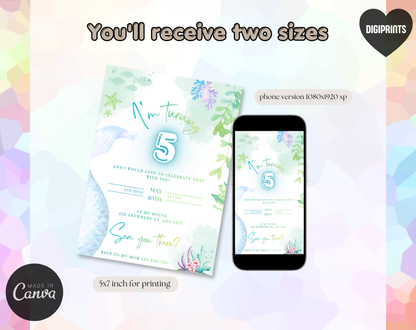 Mermaid Fifth Birthday Invitation Template | Editable Canva Template | 5x7in & WhatsApp | Digital Download