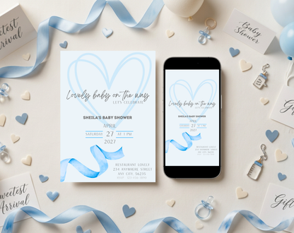 Blue Baby Shower Invitation Template | Editable Canva Template | 5x7in & WhatsApp | Digital Download
