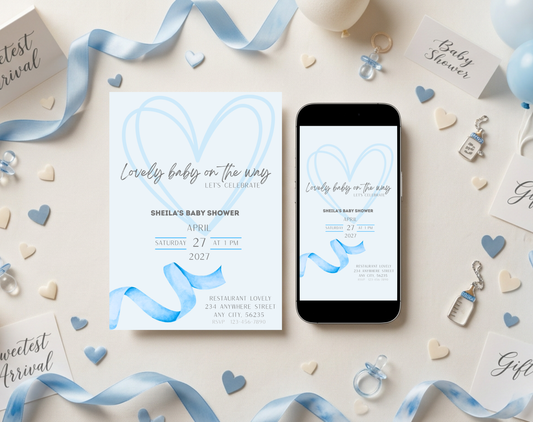 Blue Baby Shower Invitation Template | Editable Canva Template | 5x7in & WhatsApp | Digital Download