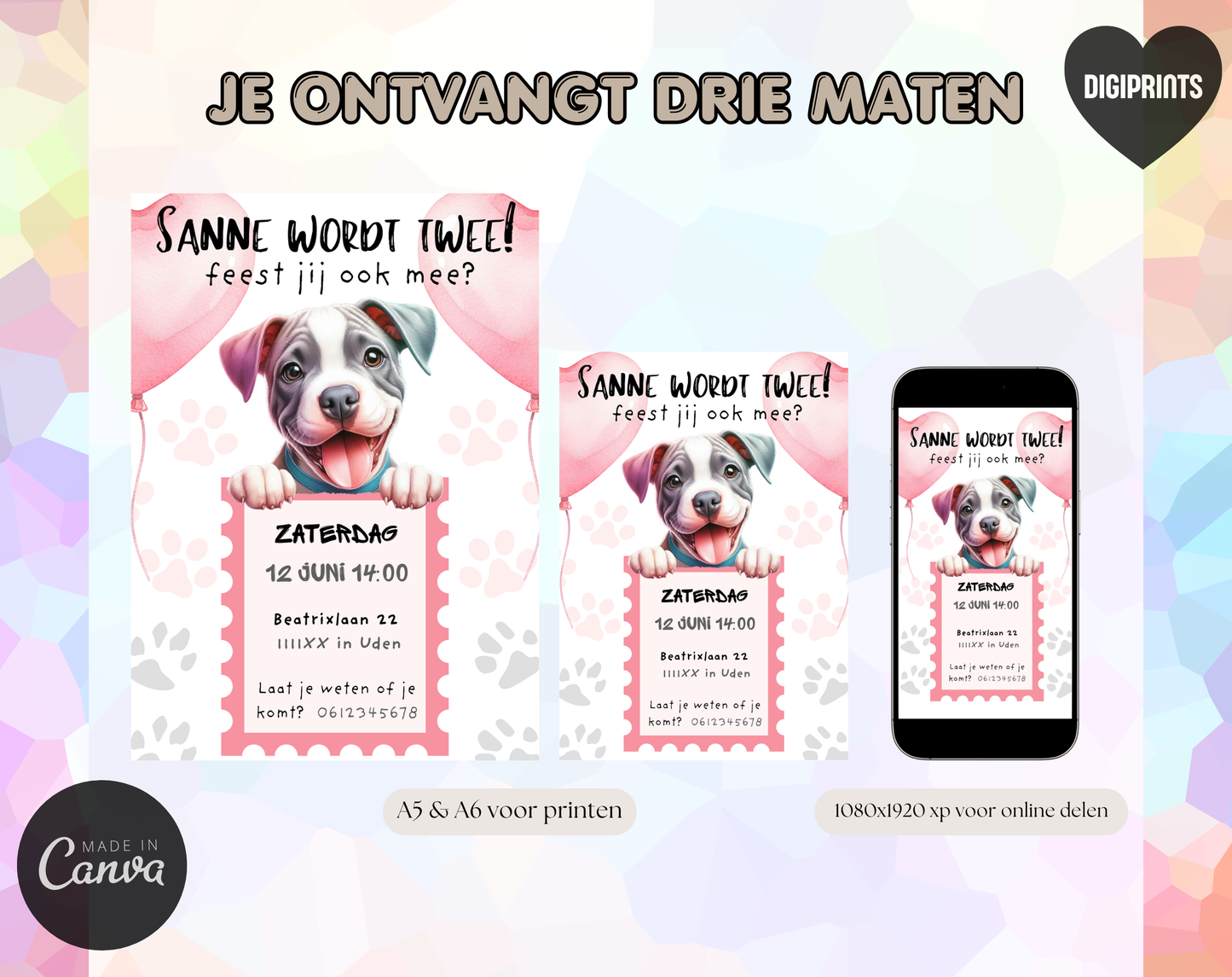 Puppy Roze Verjaardagsuitnodiging Canva Template | Meisjesfeest of Hondenkind | A5, A6 & WhatsApp | Digitale Download