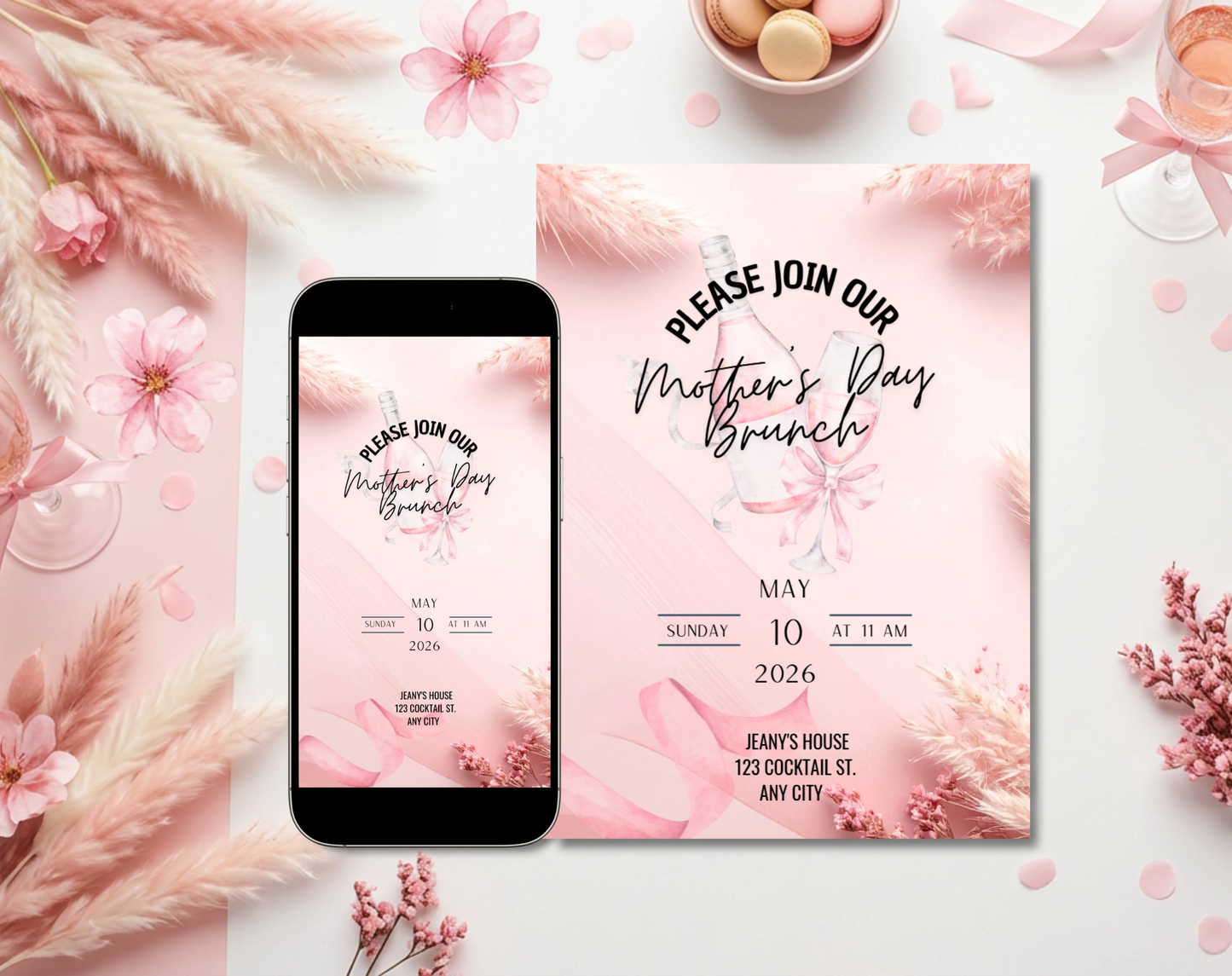 Mother's Day Brunch Invitation Template Pink | Editable Canva Template | 5x7in & WhatsApp | Digital Download